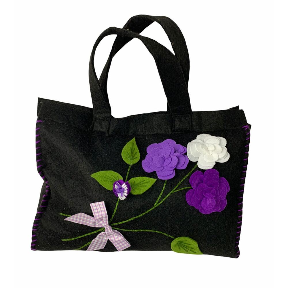 Black Felted Handbag with Purple White Applique Flowers Floral Zip Top Tote
